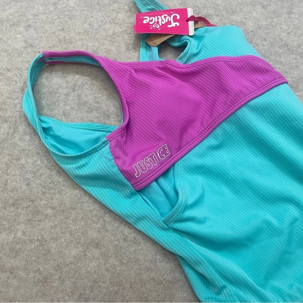Justice Teal Purple Ribbed Cutout One Piece Swimsuit Girl’s size L(12-14) New